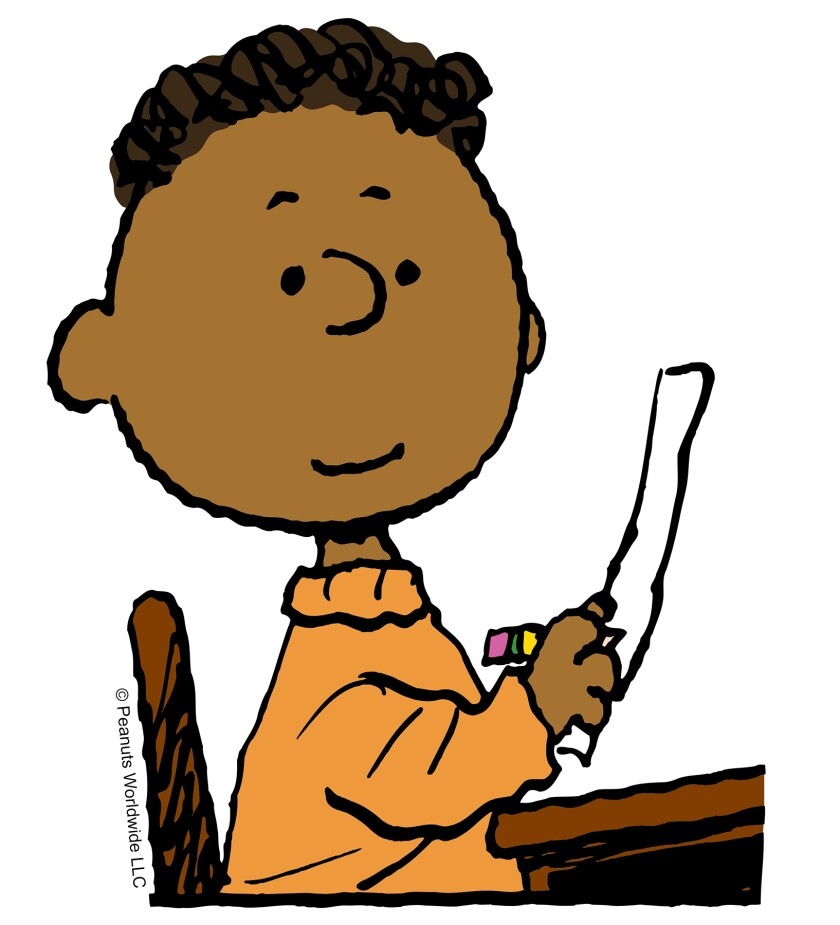 Cartoon of Franklin Armstrong sitting at a desk with a pencil and paper in hand.