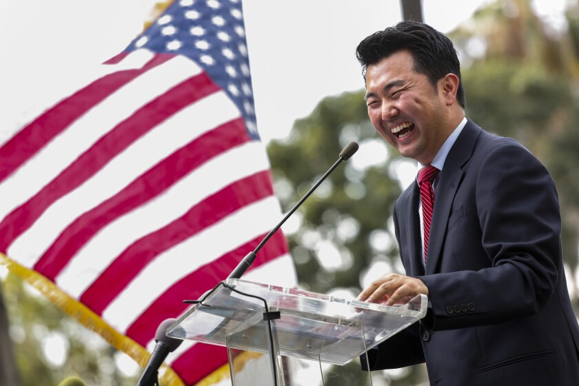 David Ryu is sworn in as a Los Angeles city councilman on the steps of City Hall on Sunday. He is the first Korean American on the council. “I was chosen not because of my ethnic heritage,” he said. “I was chosen because I made the commitment to the people of the 4th to put our neighborhood first.”