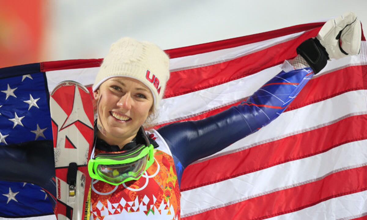 American Mikaela Shiffrin celebrates after winning the women's slalom at the Sochi Winter Olympic Games on Friday.