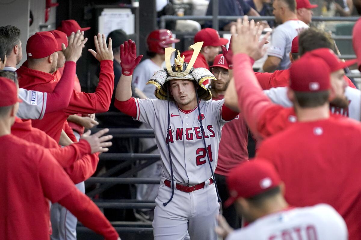 Angels catcher Matt Thaiss celebrates after hitting a home run in the first inning Monday.