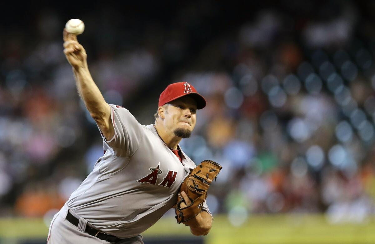 Joe Blanton delivers a pitch during the Angels' 7-2 victory Saturday over the Houston Astros.
