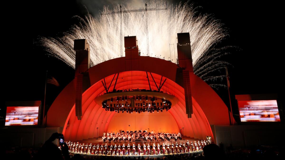 Members of the USC Trojan Marching Band join Gustavo Dudamel and the Los Angeles Philharmonic for the "Tachikovsky Spectacular" Friday at the Hollywood Bowl.