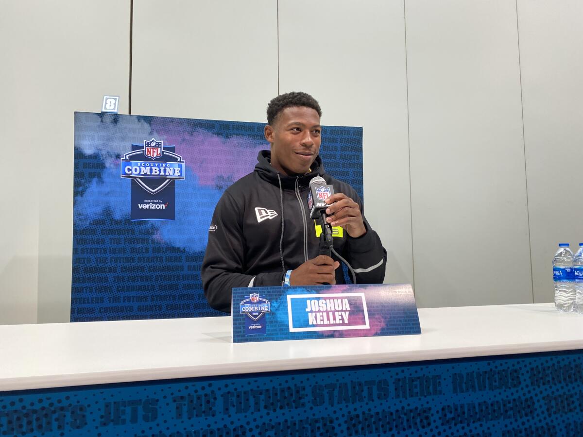 UCLA running back Joshua Kelley answers questions at the NFL combine in Indianapolis.