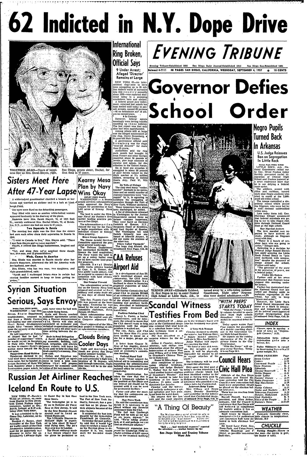 Front page of the Evening Tribune, Wednesday, Sept. 4, 1957.