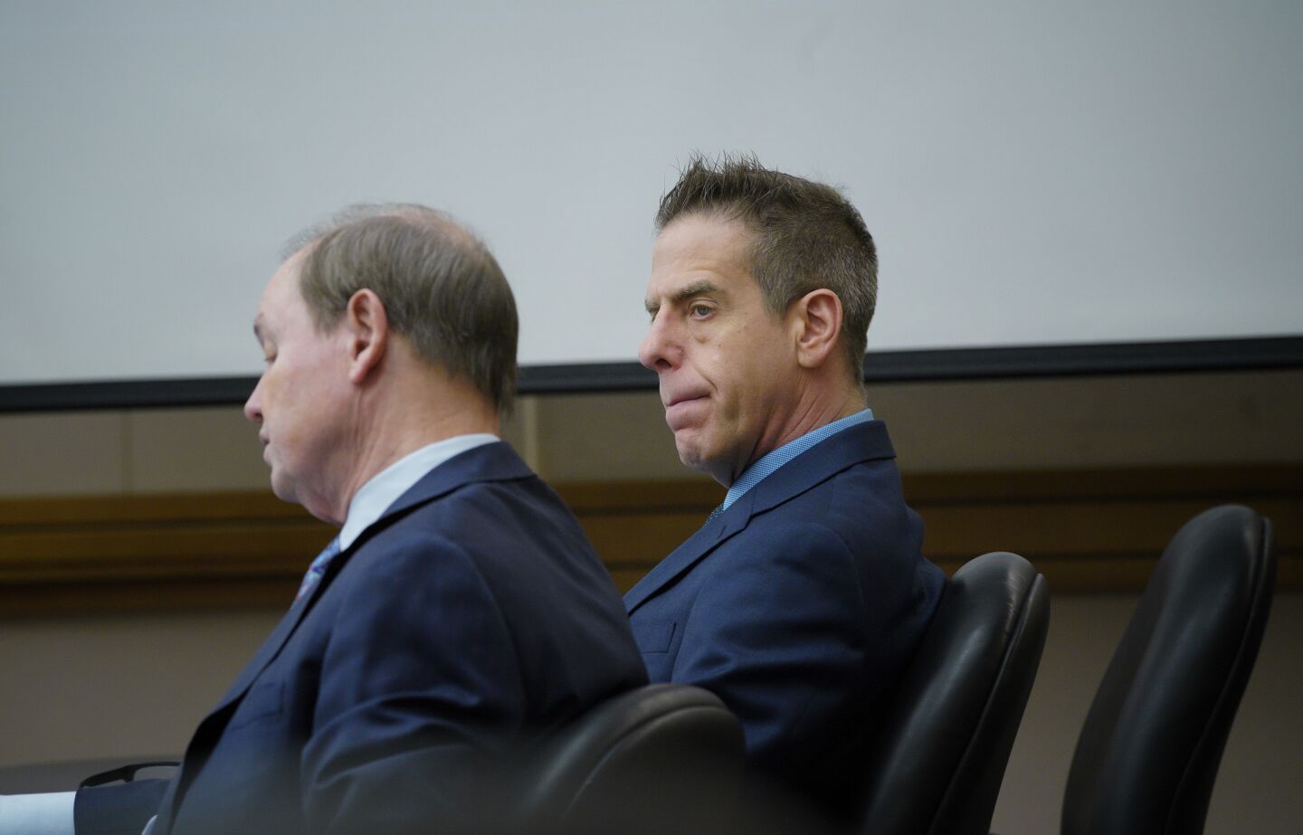 Adam Shacknai (right) sits next to his attorney, Dan Webb (left) on day-six in the civil trial for the wrongful death of Rebecca Zahau in San Diego Superior Court.