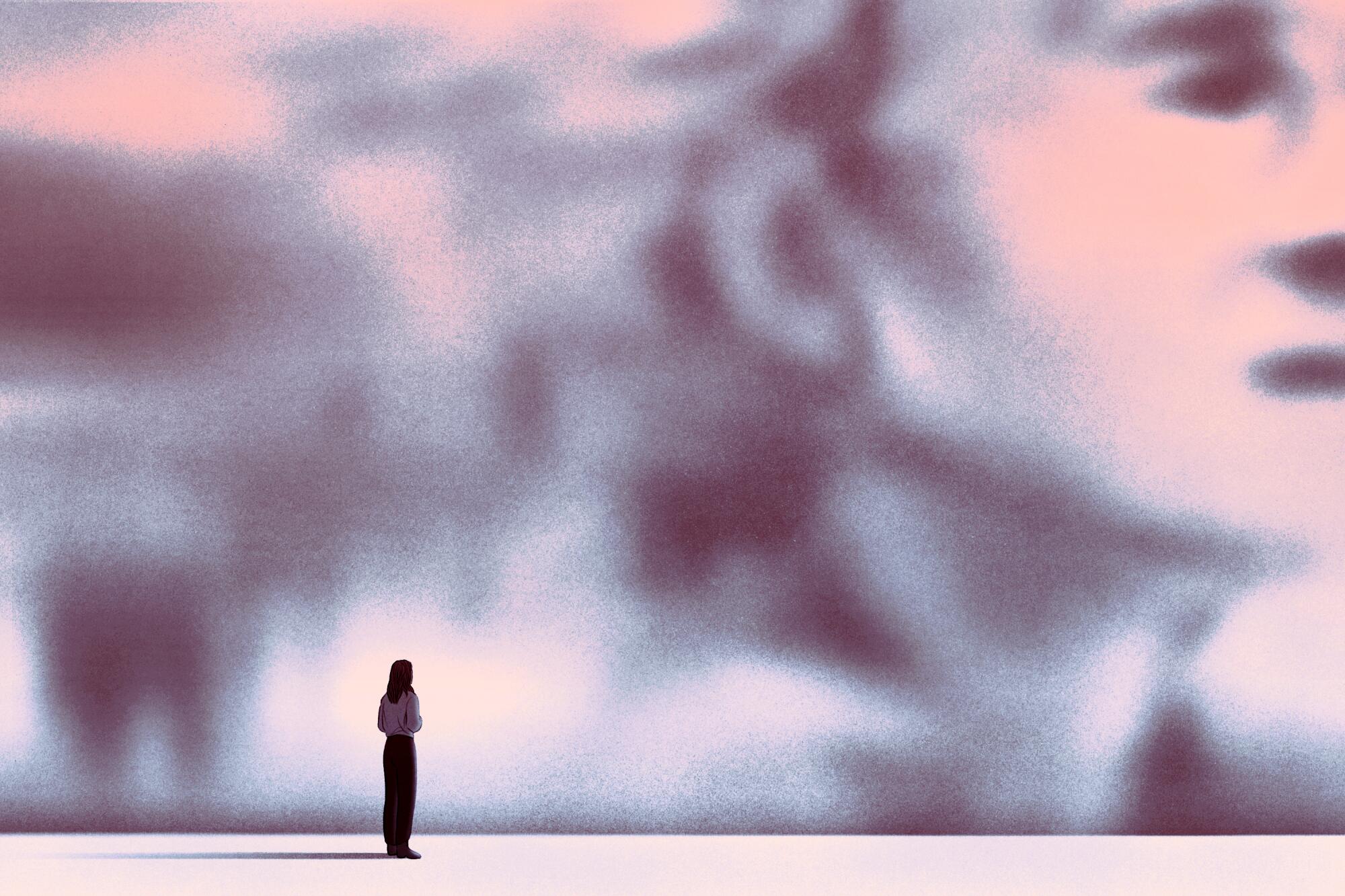 Illustration of a small figure looking at a large blurry background image of her friend