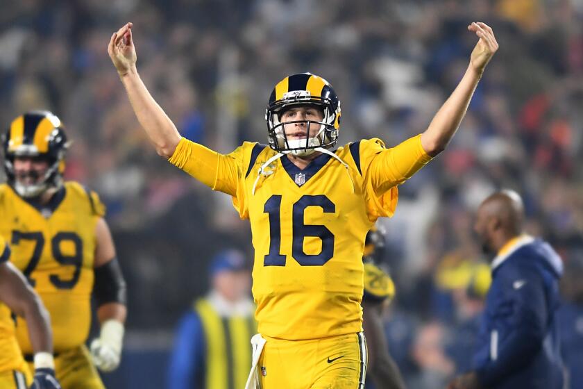 Rams quarterback Jared Goff celebrates at the end of the game Nov. 19 against the Chiefs at the Coliseum.