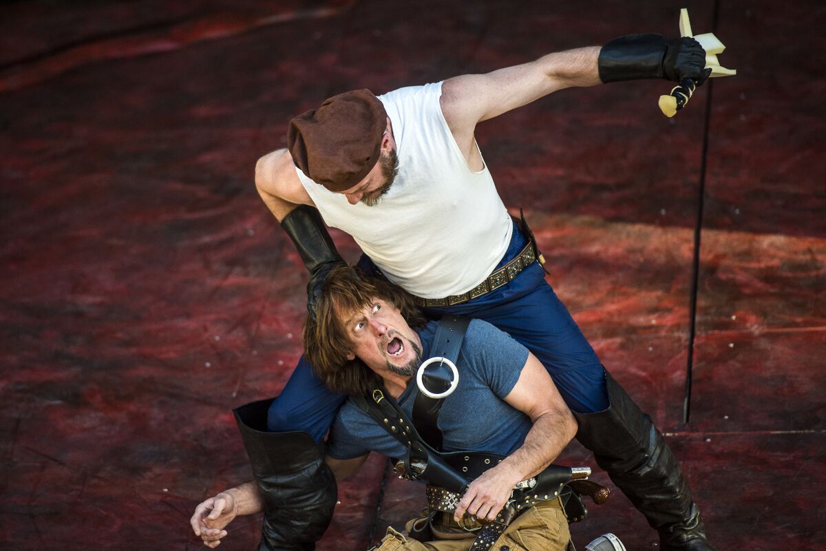 J. Todd Adams and Todd Denning rehearse Utah Shakespeare Festival's 'Henry V' in the new Engelstad Shakespeare Theatre in Cedar City, Utah, on June 16, 2016.