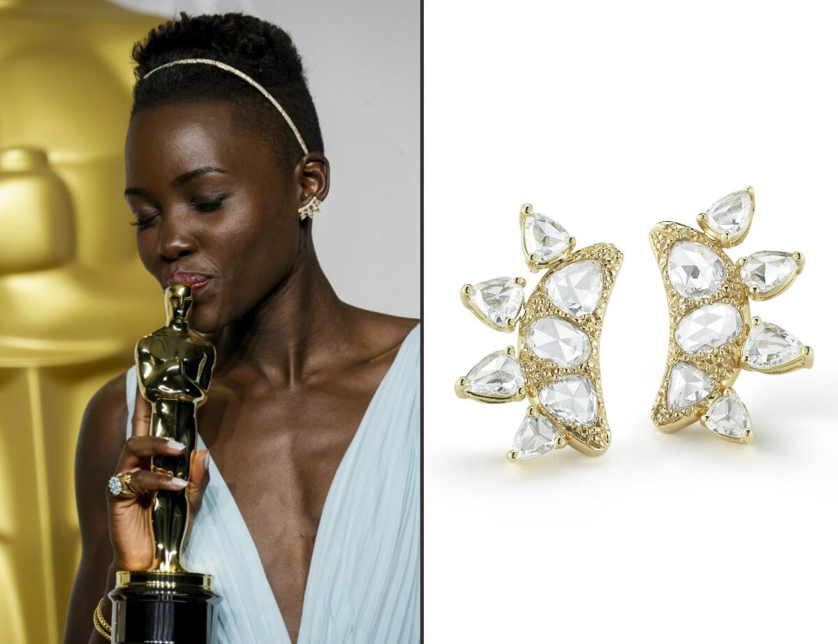 Lupita Nyong'o, left, at the March 2, 2014, Academy Awards. Right: Fred Leighton Crescent Collection earrings with rose cut diamonds set in 18-karat yellow gold, $18,000.