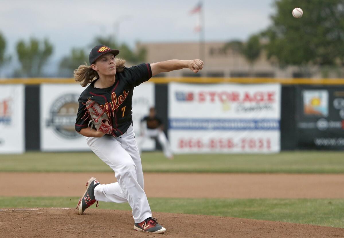 Estancia High starter Dillon Manchester pitches against Pasadena Poly during the first inning in the quarterfinals of the CIF Southern Section Division 5 playoffs at home on Friday.