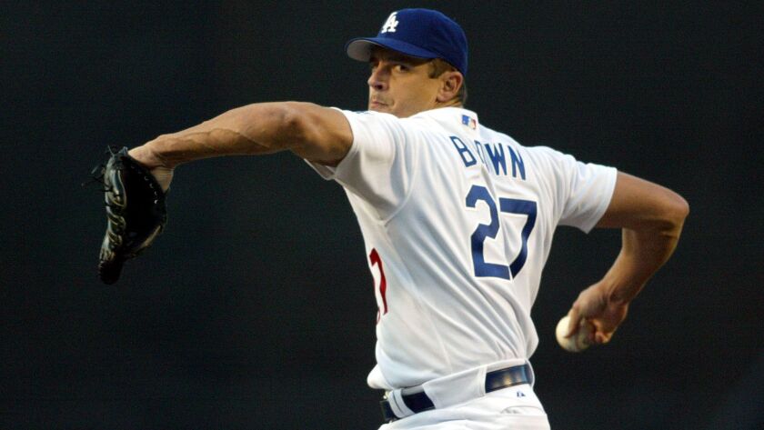 Dodgers pitcher Kevin Brown takes aim at the Atlanta Braves in a 2003 game at Dodger Stadium.