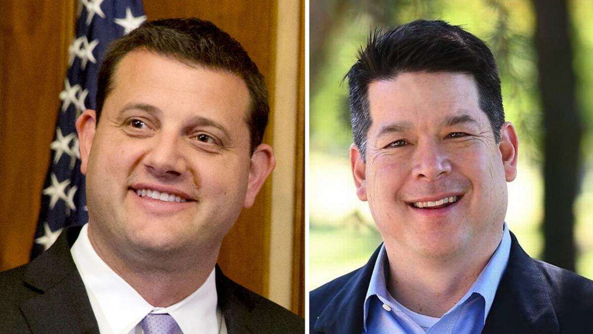 Rep. David Valadao (R-Hanford), left, remains ahead of Democratic challenger T.J. Cox in updated vote tallies.