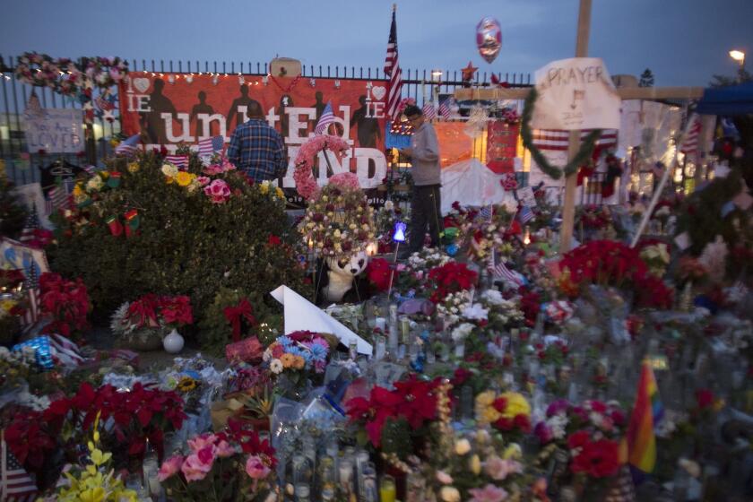 A makeshift memorial is seen near the Inland Regional Center in San Bernardino in late December.
