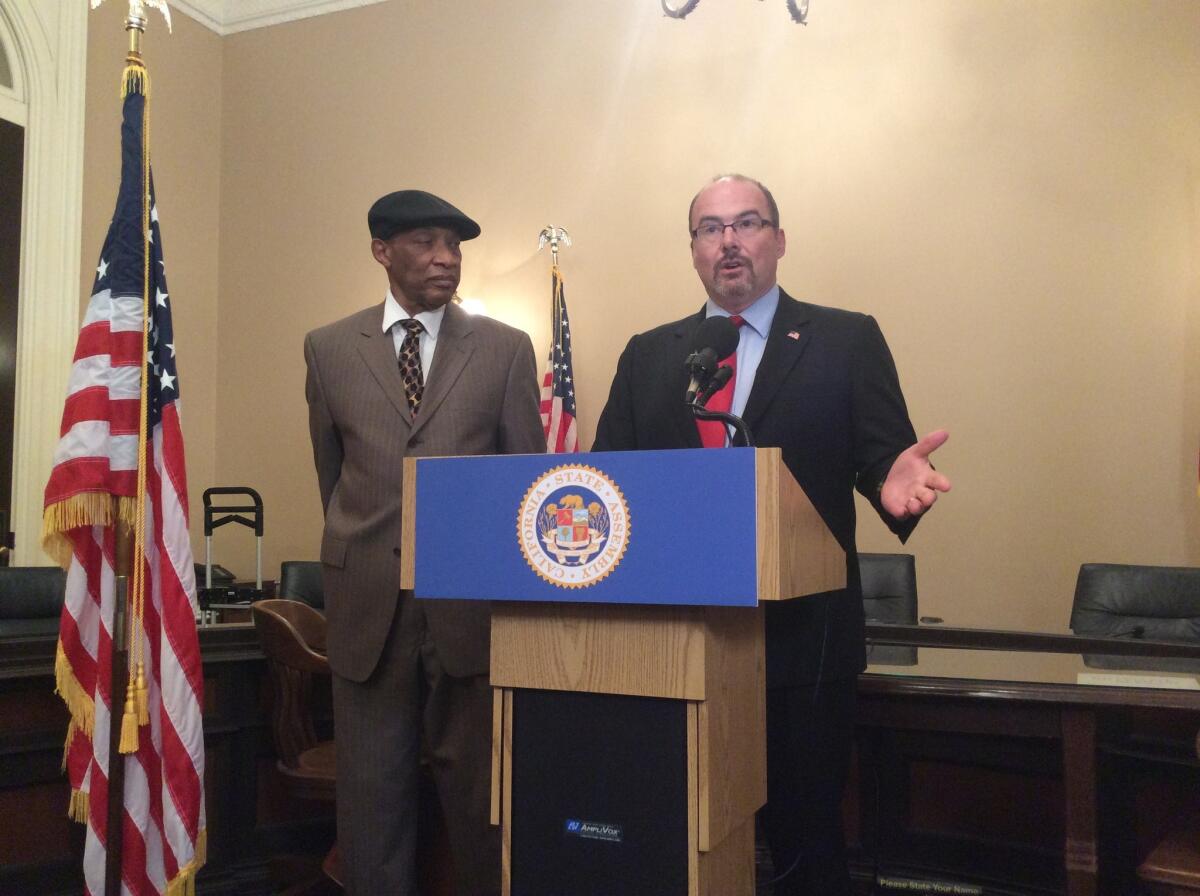 Assemblyman Tim Donnelly (R-Twin Peaks), right, appears on Monday with Don Parks, founder of Applied Technologies Inc., to call for better access to state websites for disabled people.