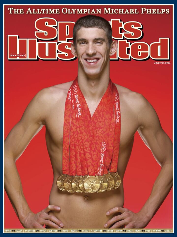 ** EMBARGOED UNTIL 10 PM EDT MONDAY NIGHT ** In this photo provided by Sports Illustrated, U.S. swimmer and all-time Olympian Michael Phelps is seen with his eight gold medals, posing exclusively for the Wednesday, Aug. 25, 2008 edition of Sports Illustrated in a photo taken on Aug. 17, 2008 in Beijing, China. At age 23, Phelps owns 16 Olympic medals, 14 of which are gold. The Aug. 25 issue hits newsstands on Wednesday, Aug. 20. (AP Photo/Sports Illustrated, Simon Bruty) ** MANDATORY CREDIT TO PHOTOGRAPHER AND SPORTS ILLUSTRATED, ONLINE OUT, NO SALES **