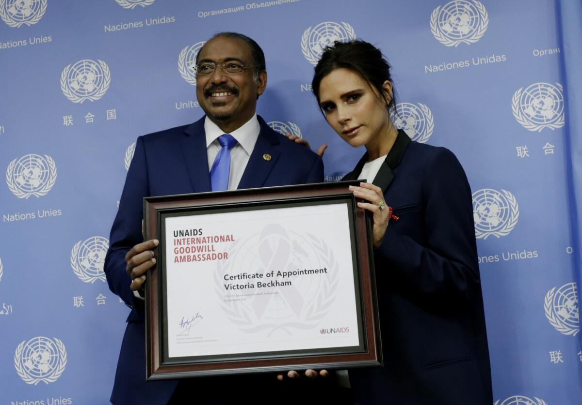 Victoria Beckham, who was named most successful entrepreneur in Britain, was also recently named UNAIDS International Goodwill Ambassador. She's shown here with Michel Sidibe, executive director of UNAIDS.