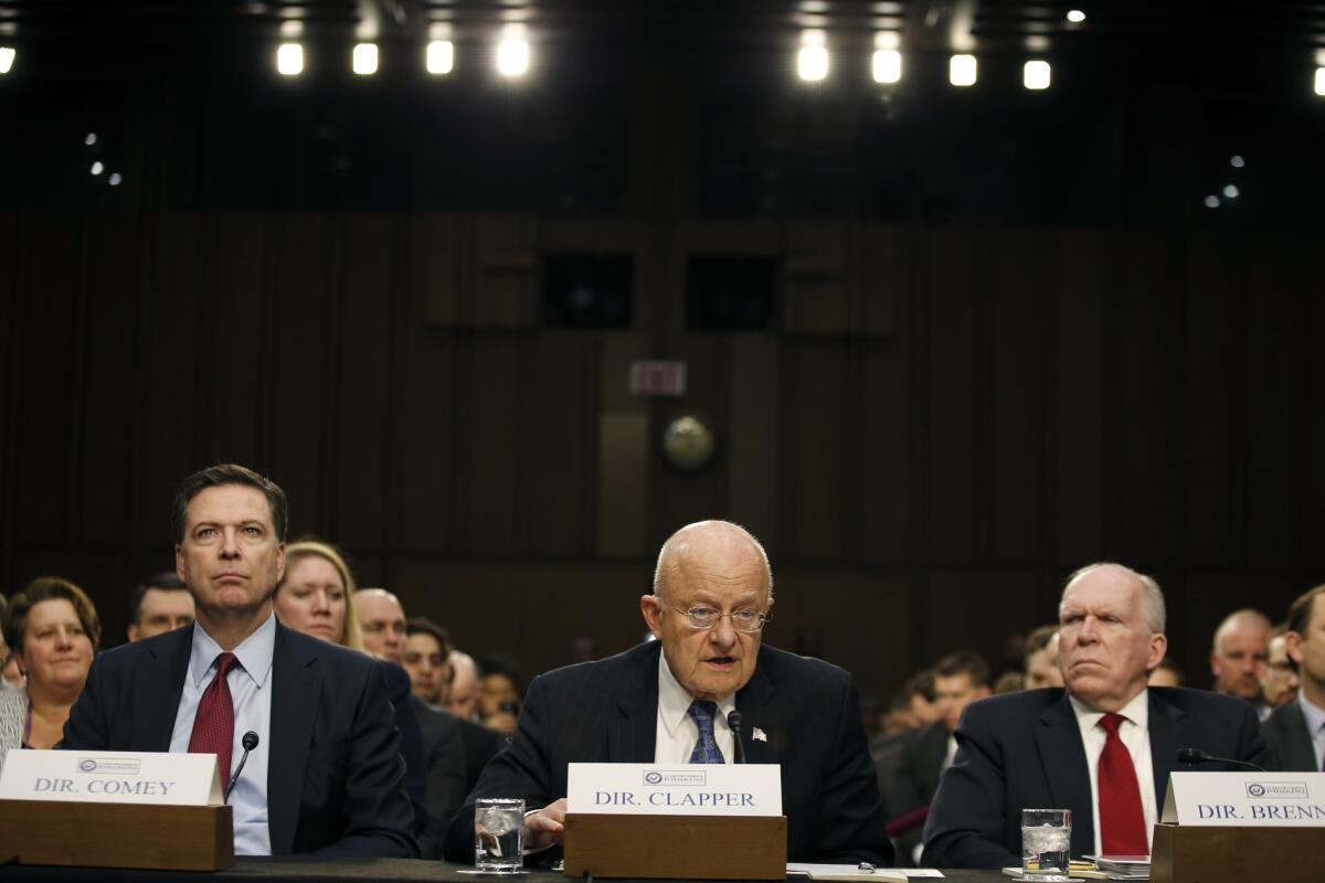 Director of National Intelligence James Clapper, flanked at a February congressional hearing by FBI Director James B. Comey and CIA Director John Brennan, says the recent cyberattack was probably not from a "state actor."