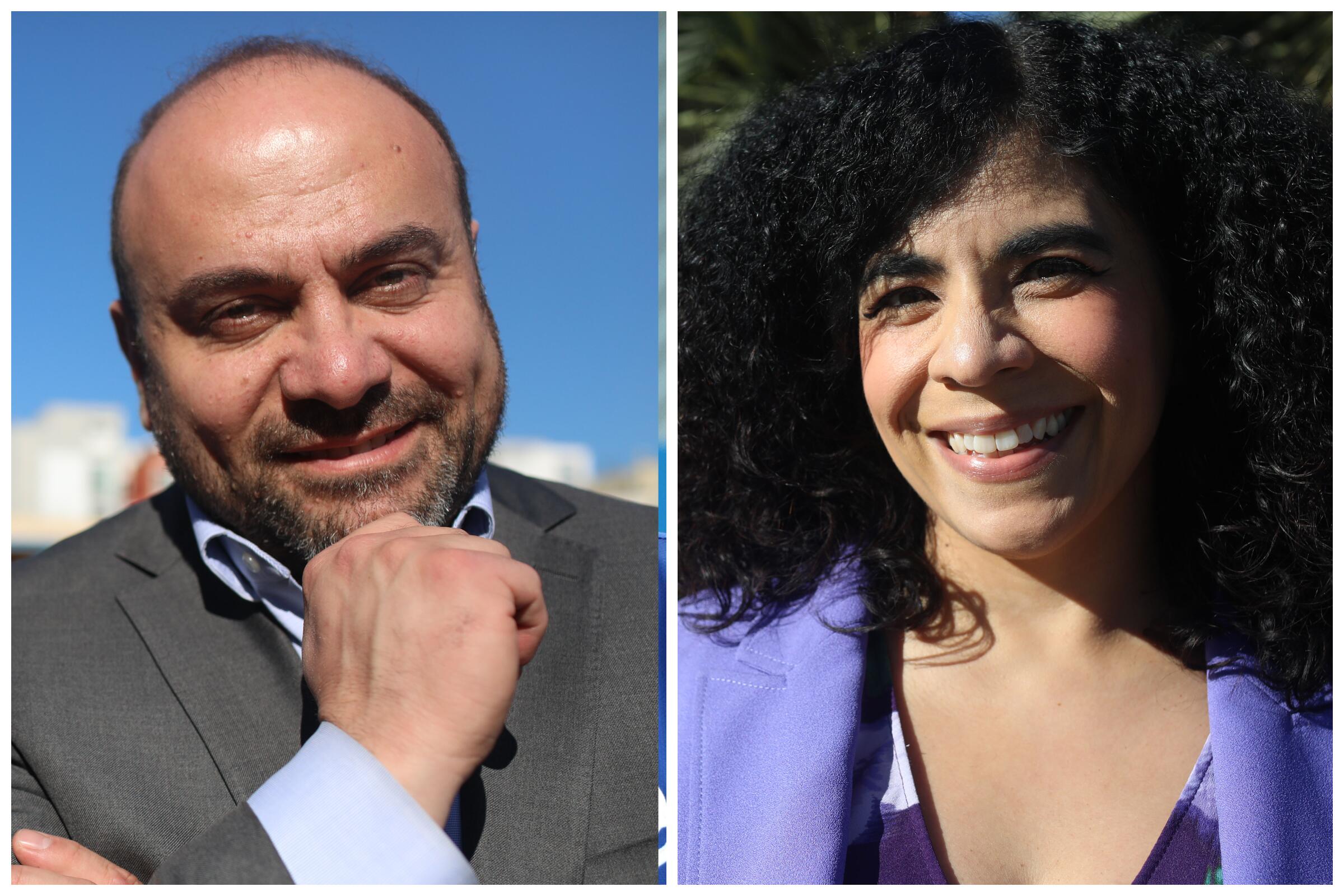 Side-by-side portraits of Adrin Nazarian, left, and Jillian Burgos in the sunshine