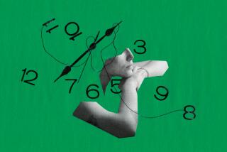 Collage illustration of a woman in profile surrounded by clock numbers and black thread on green background