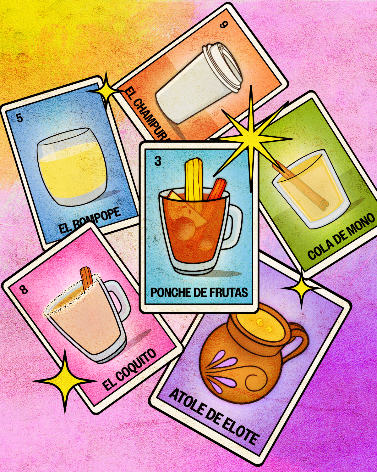 An illustration of a variety of drinks in cups.