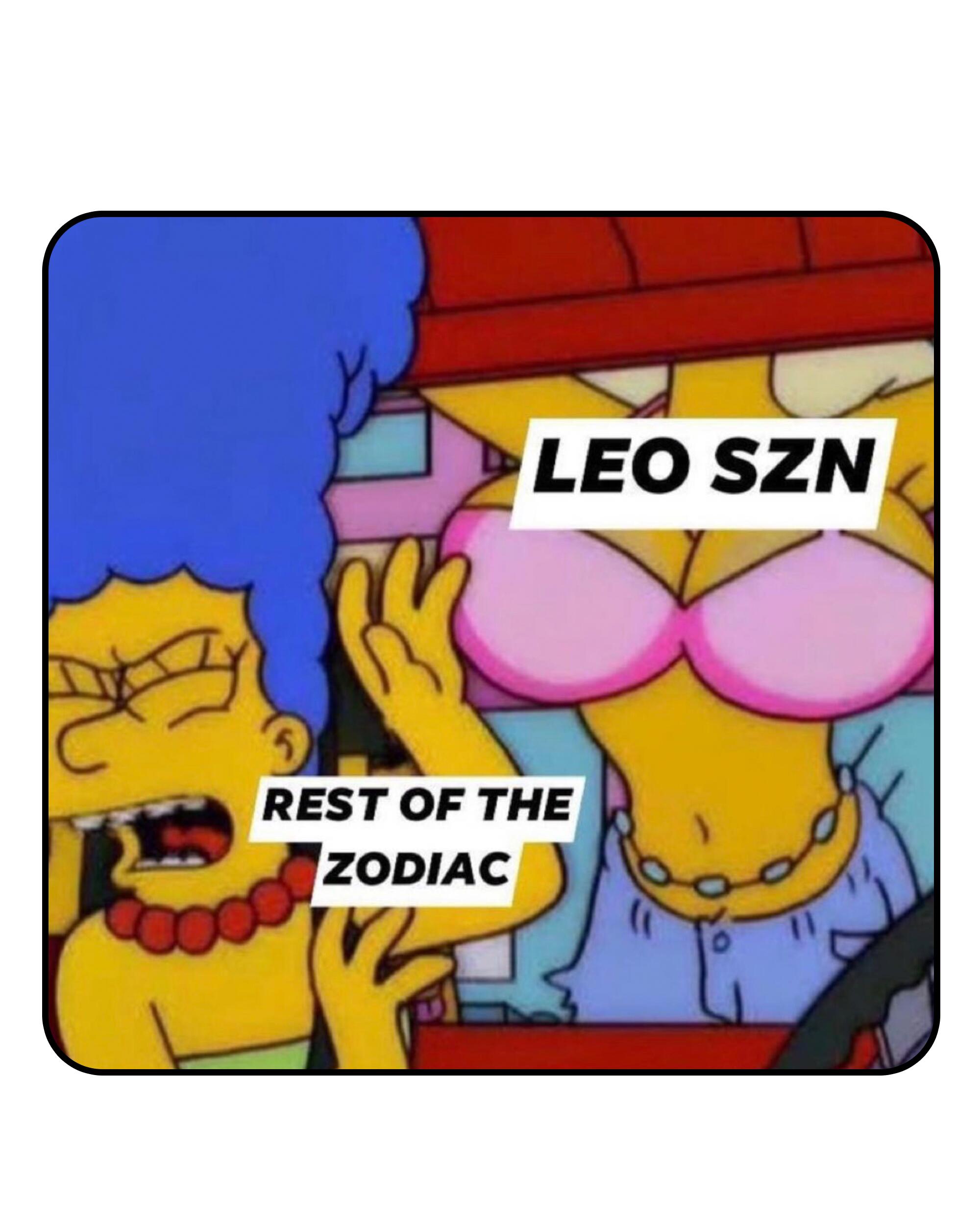 Marge Simpson recoils from a woman in a bikini with her chest pressed against the window. text: leo szn, rest of the zodiac