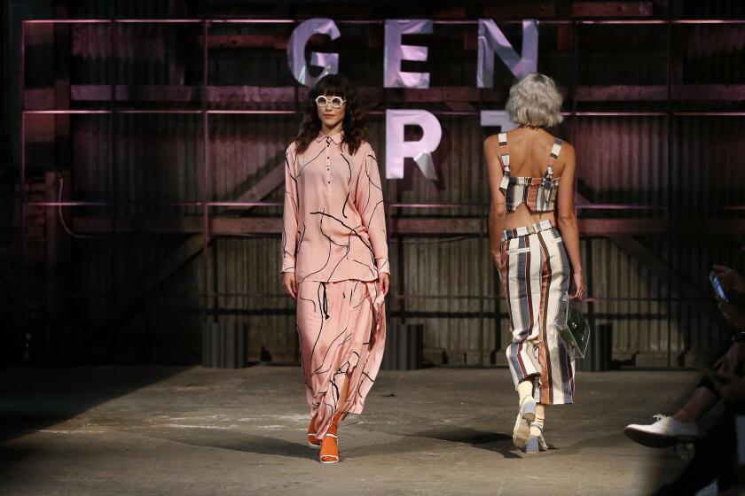 Looks from 34°N 118°W by Jodie Dolan, Kate Anlyan and John Renaud, the Gen Art Fresh Faces in Fashion womens wear designers of the year, that were presented in downtown Los Angeles on Aug. 4.