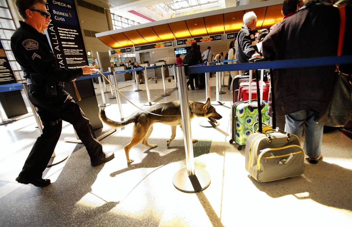 Los Angeles Airport Police Officer Daniel Keehne and an explosives detection dog monitor baggage and passengers at the Tom Bradley International Terminal at LAX on Tuesday, the day after the bombing at the Boston marathon.