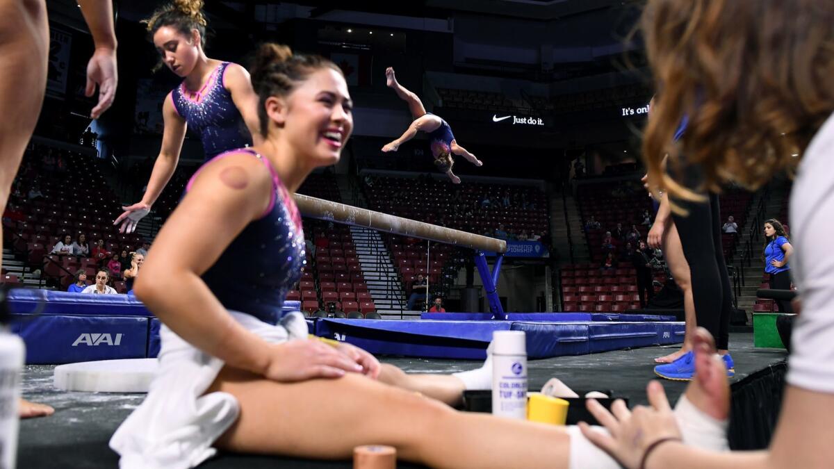 UCLA gymnasts prepare before the PAC-12 Championships in Salt Lake City.