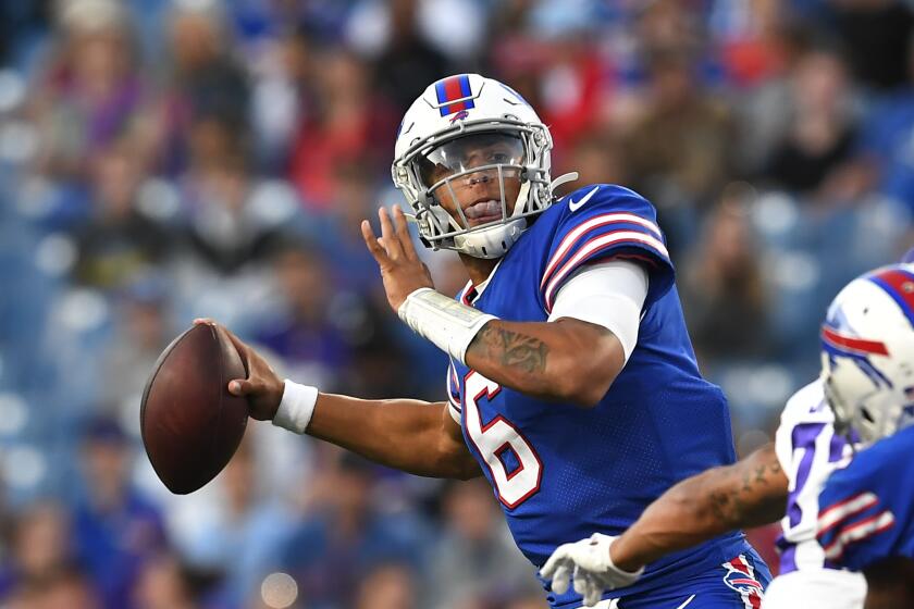 Buffalo Bills quarterback Tyree Jackson prepares to throw a pass during the first half of the team's NFL preseason football game against the Minnesota Vikings in Orchard Park, N.Y., Thursday, Aug. 29, 2019. (AP Photo/David Dermer)