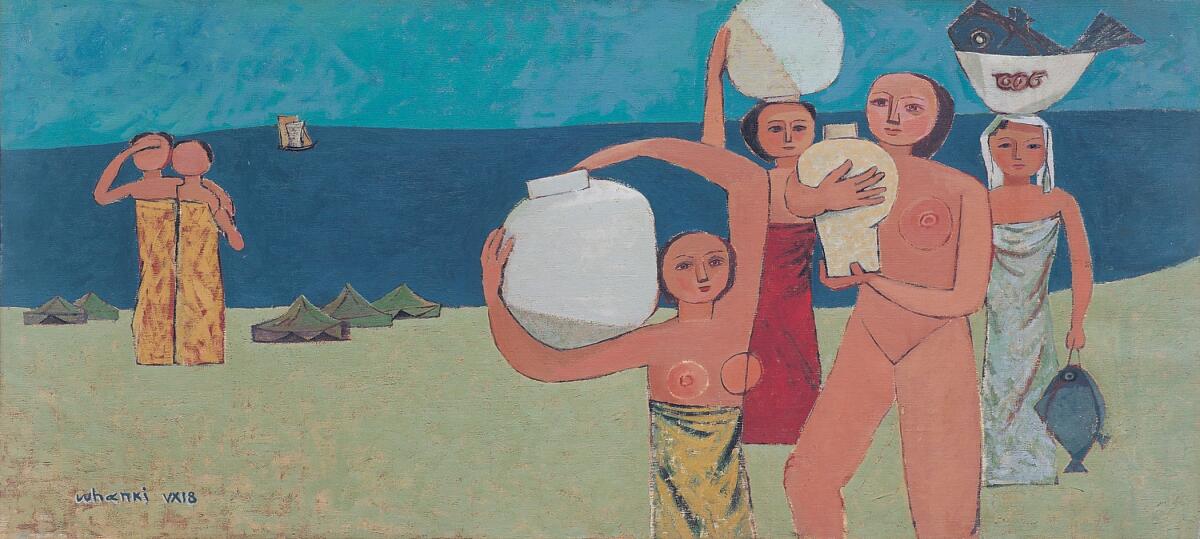 A horizontal painting shows figures — some nude, some wrapped in simple cloths — carrying jars along a shore.