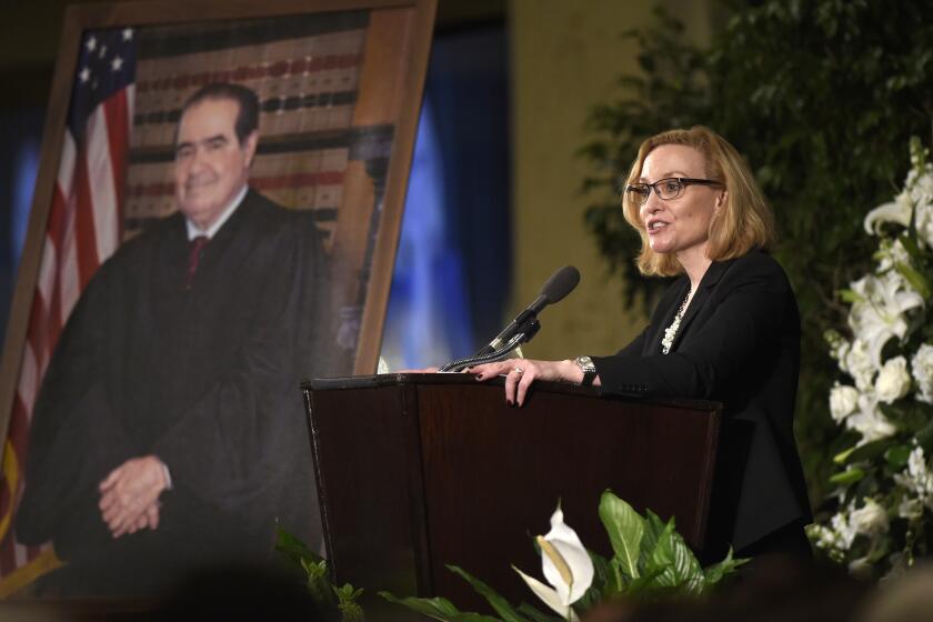 WASHINGTON, DC - MARCH 1: Justice Joan Larsen of the Michigan Supreme Court and a former clerk for Supreme Court Justice Antonin Scalia speaks at his memorial service at the Mayflower Hotel March 1, 2016 in Washington, DC. Justice Scalia died February 13 while on a hunting trip in Texas. (Photo by Susan Walsh-Pool/Getty Images)