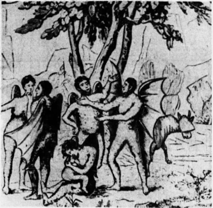 An illustration of nude people with bat wings standing under a large tree.