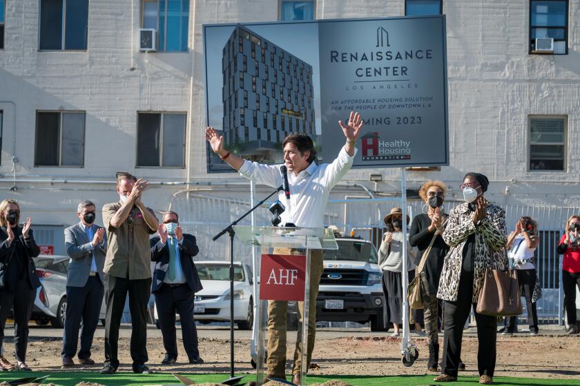 Los Angeles City Councilman Kevin de Leon speaks during a groundbreaking and dedication ceremony for a new 216-unit, 15-story modular high-rise that will be available for extremely-low-income and formerly homeless people Sunday, Jan. 16, 2022, in Skid Row in Los Angeles. The ceremony for the Renaissance Center is the 13th affordable housing site in the Los Angeles area purchased by the Healthy Housing Foundation that was created in 2017 by AIDS Healthcare Foundation to help provide affordable housing. (Photo by Michael Owen Baker, contributing photographer)