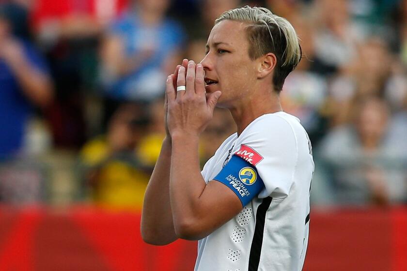 U.S. forward Abby Wambach reacts during a 2-0 victory over Colombia at the Women's World Cup in Edmonton, Canada, on Monday.