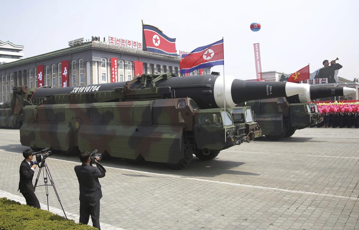 What military experts say appears to be a North Korean KN-08 Intercontinental Ballistic Missile is seen during a military parade on Saturday in Pyongyang.