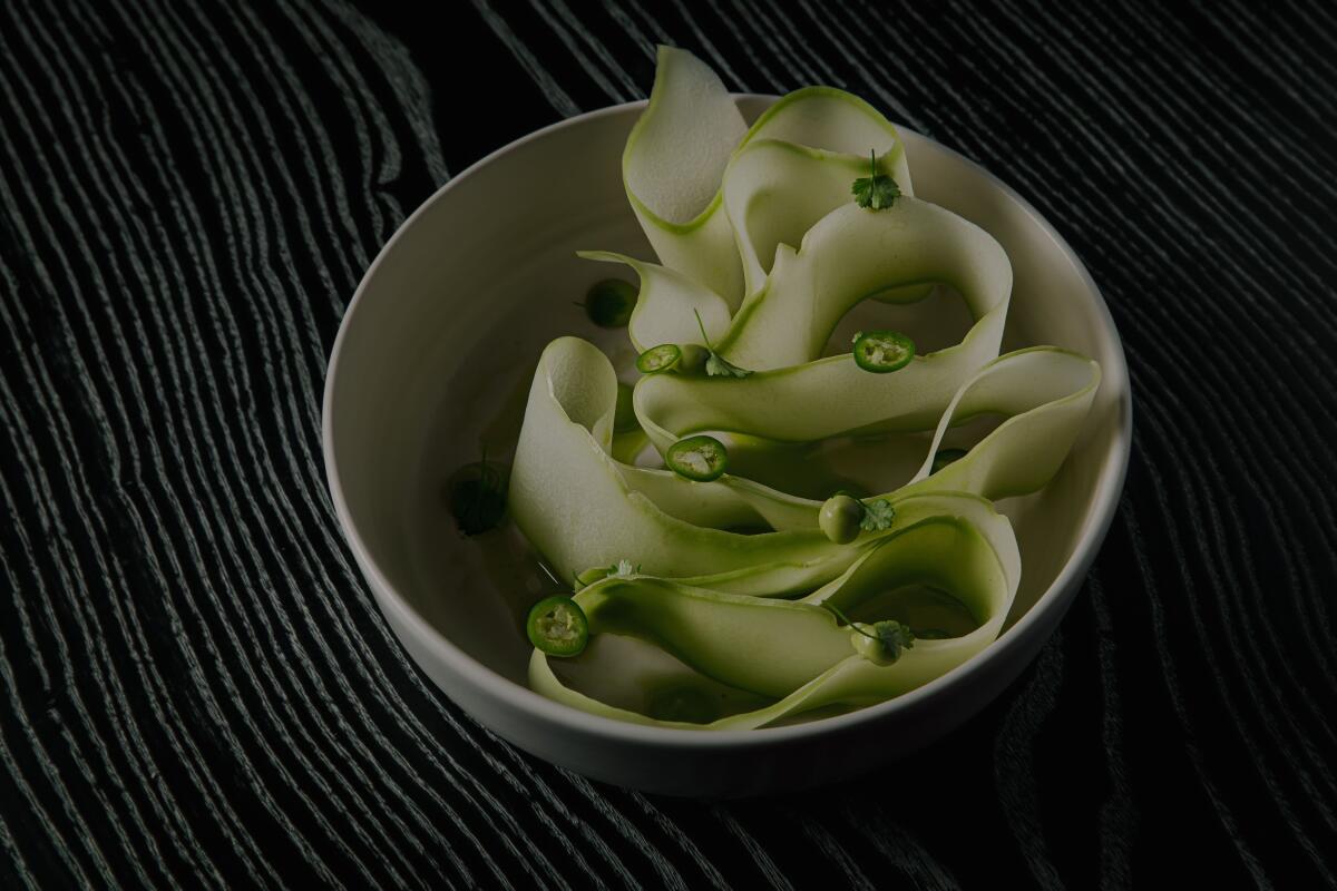 Aguachile de Chayote, one of the dishes at Oceanside's new Valle restaurant that founding chef Roberto Alcocer is known for.