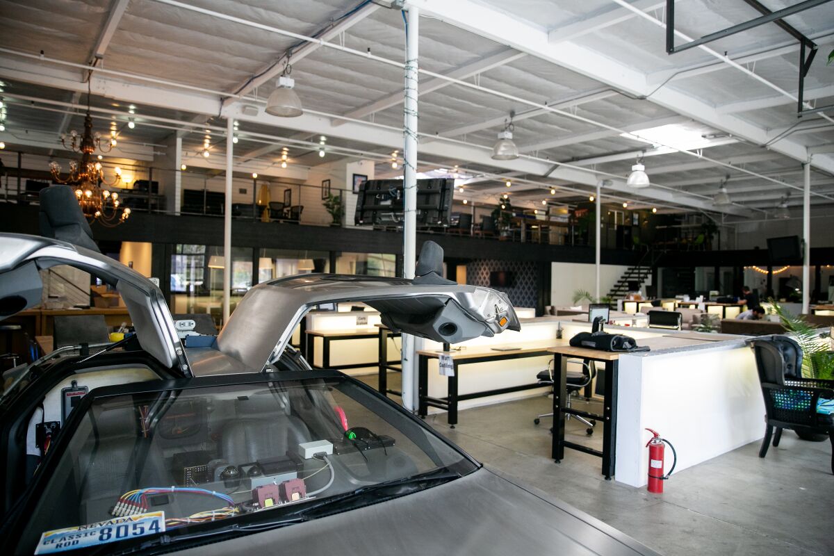 Incubate Ventures, a coworking space, features a Delorean parked inside the space on July 30, 2019 in Carlsbad, California.