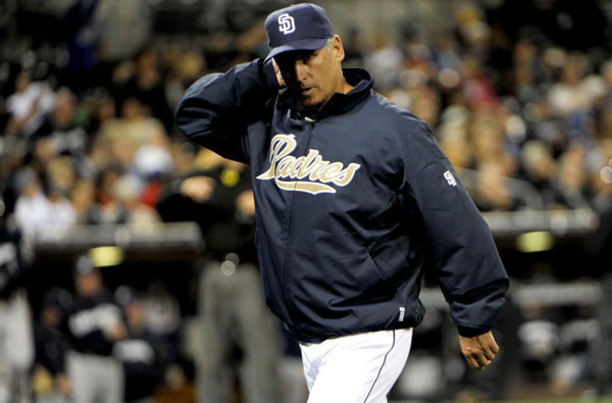 Padres Manager Bud Black walks off the last week after making a pitching change against the Brewers.