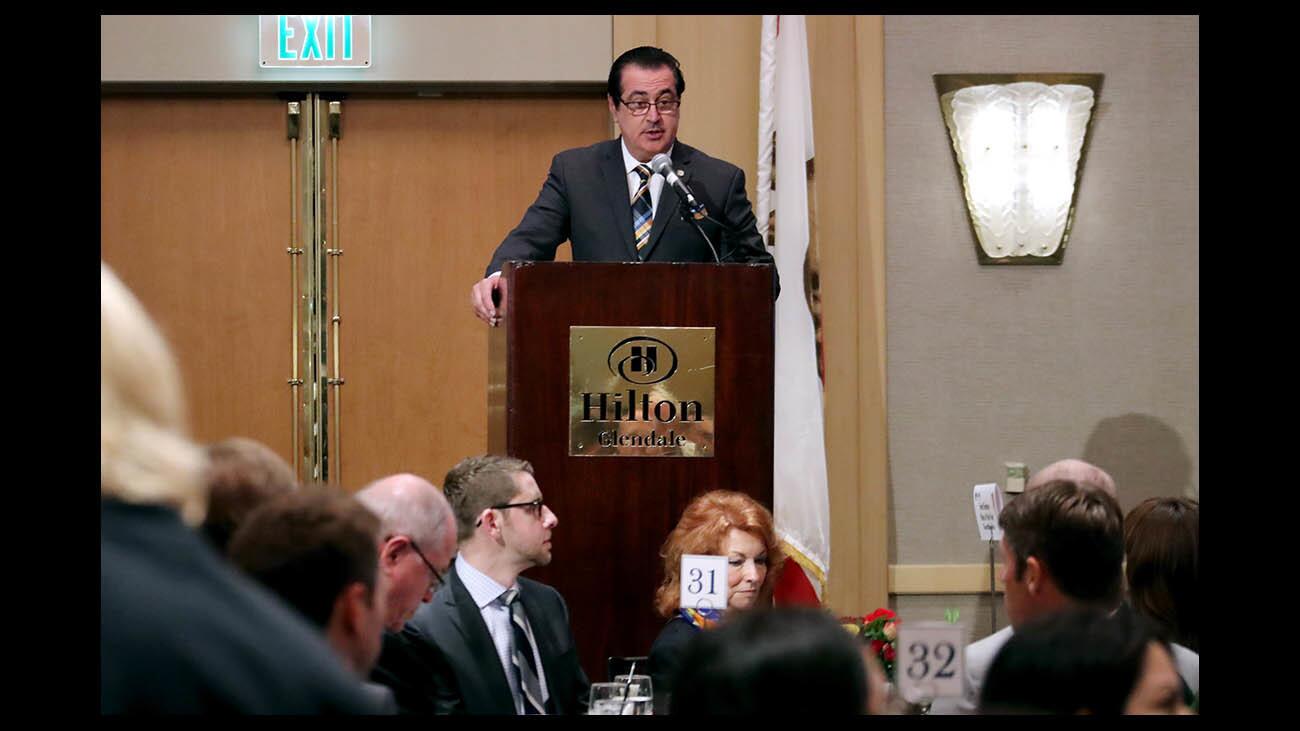 Glendale mayor Vartan Gharpetian gives the State of the City address at the annual Glendale Chamber of Commerce Awards 2018 and State of the City luncheon, at the Hilton in Glendale on Thursday, March 29, 2018.