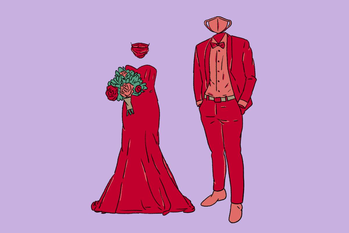 Illustration of a bridal dress, and a groom's outfit -- both with matching masks