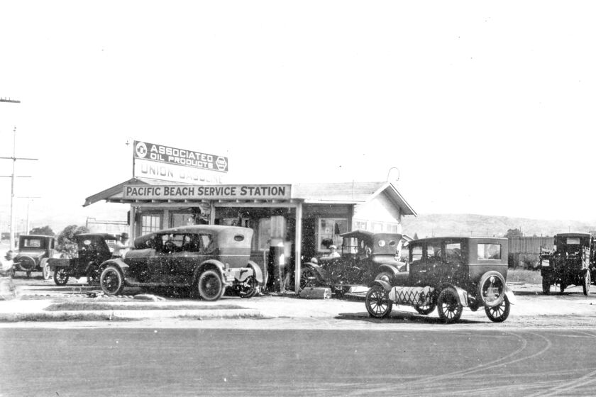 Pacific Beach Service Station, on the northeast corner of Cass and Garnet streets, where Chase Bank is today. Visitors to Mission Beach in 1922 were advised “the turn at the gas station being well posted.”