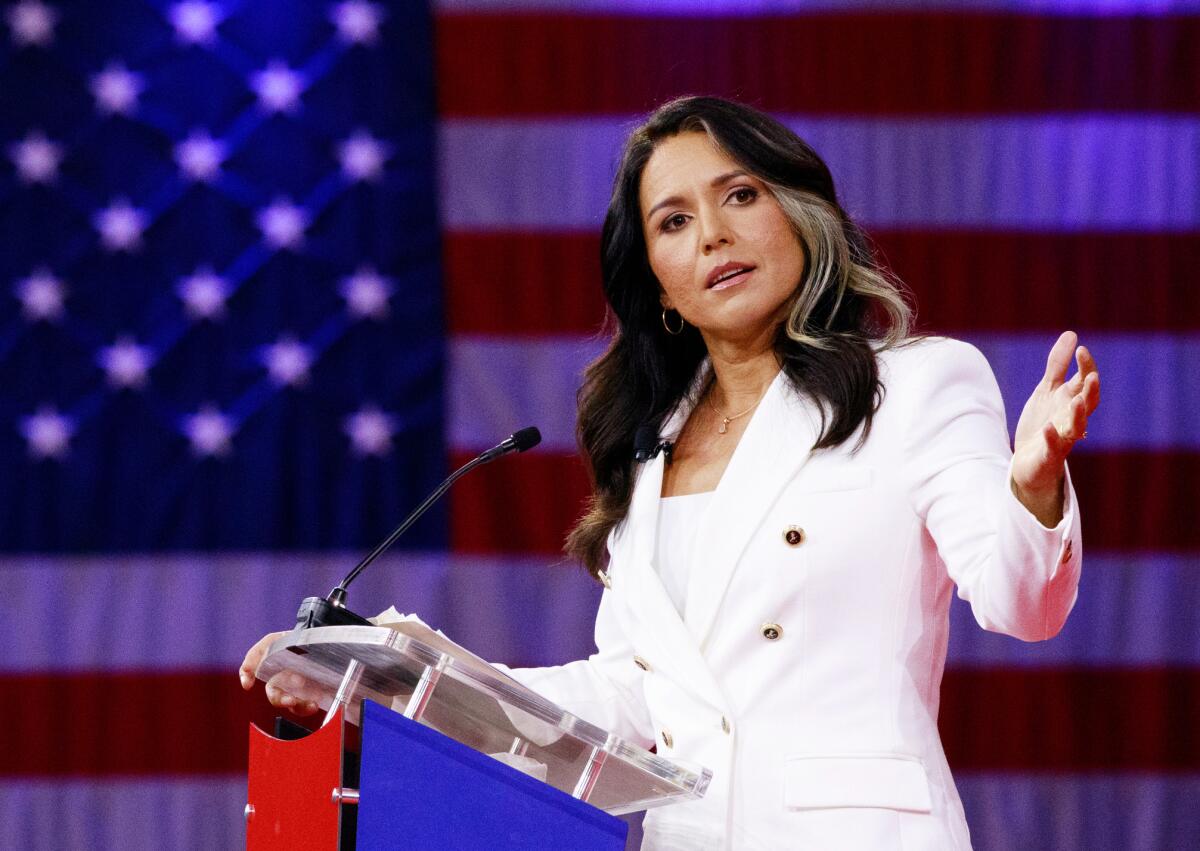 Tulsi Gabbard is standing and talking in front of the U.S. flag