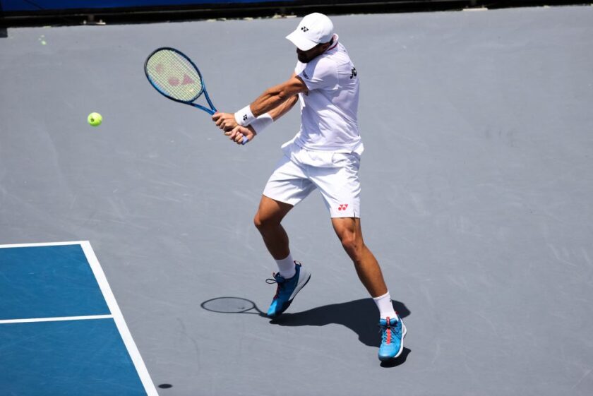 Steve Johnson hits a backhand during the Orange County Breakers' win Monday.