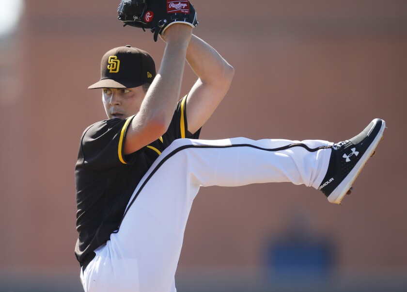 Padres' MacKenzie Gore pitches during a spring training practice on Feb. 19.