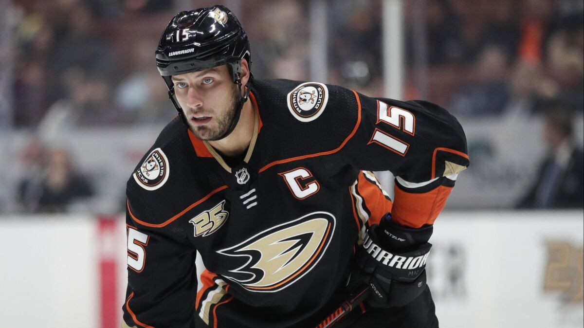 Ducks' Ryan Getzlaf waits for the puck to drop during the second period of a preseason game against the Arizona Coyotes on Sept. 24.