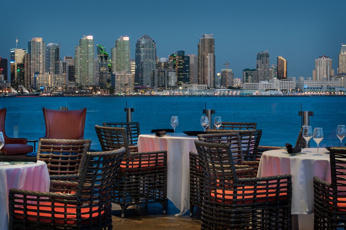 The San Diego skyline from the patio of Coasterra Modern Mexican, on Harbor Island.