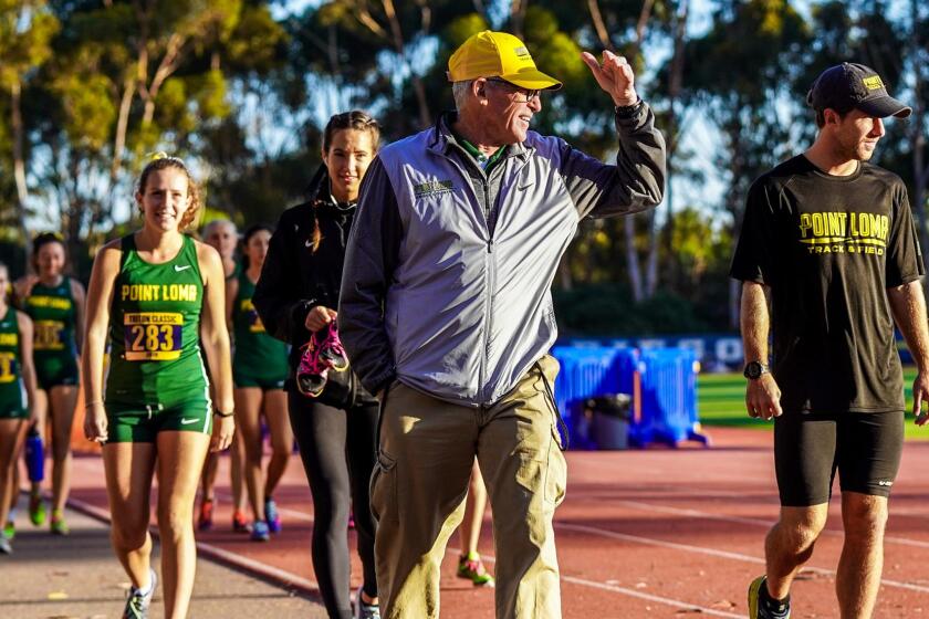 Jerry Arvin, 77, has been Point Loma Nazarene University's women’s track and field head coach since 1995.