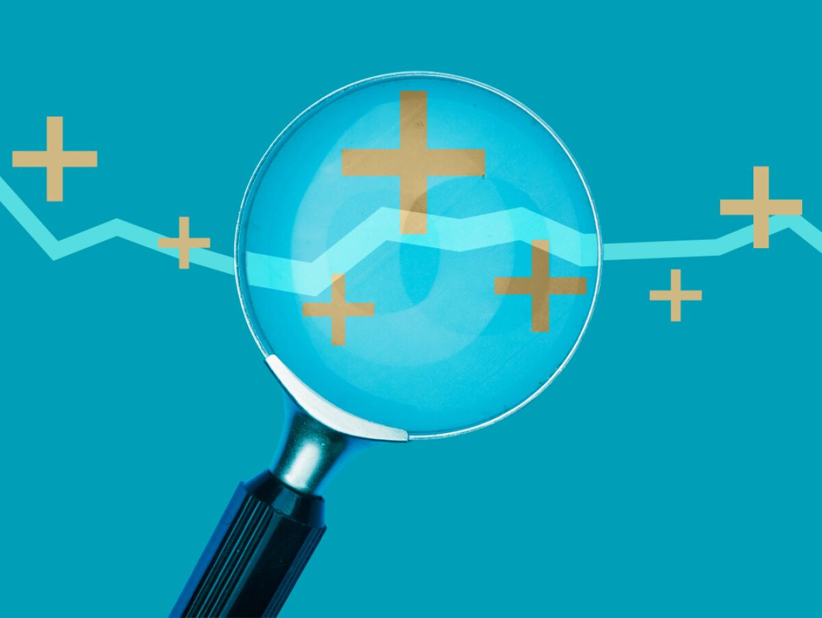illustration of a magnifying glass examining a line from a line chart and plus signs