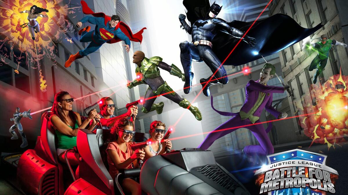 Themed to a crime-fighting team of DC Comics superheroes, new Justice League dark rides will feature motion-platform vehicles and laser gun gameplay.