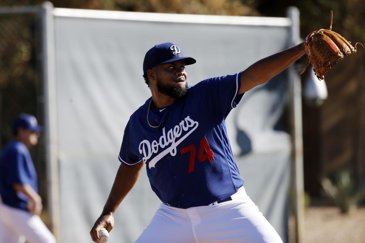 Dodgers reliever Kenley Jansen throws during a spring training workout on Feb. 20 in Glendale, Ariz.